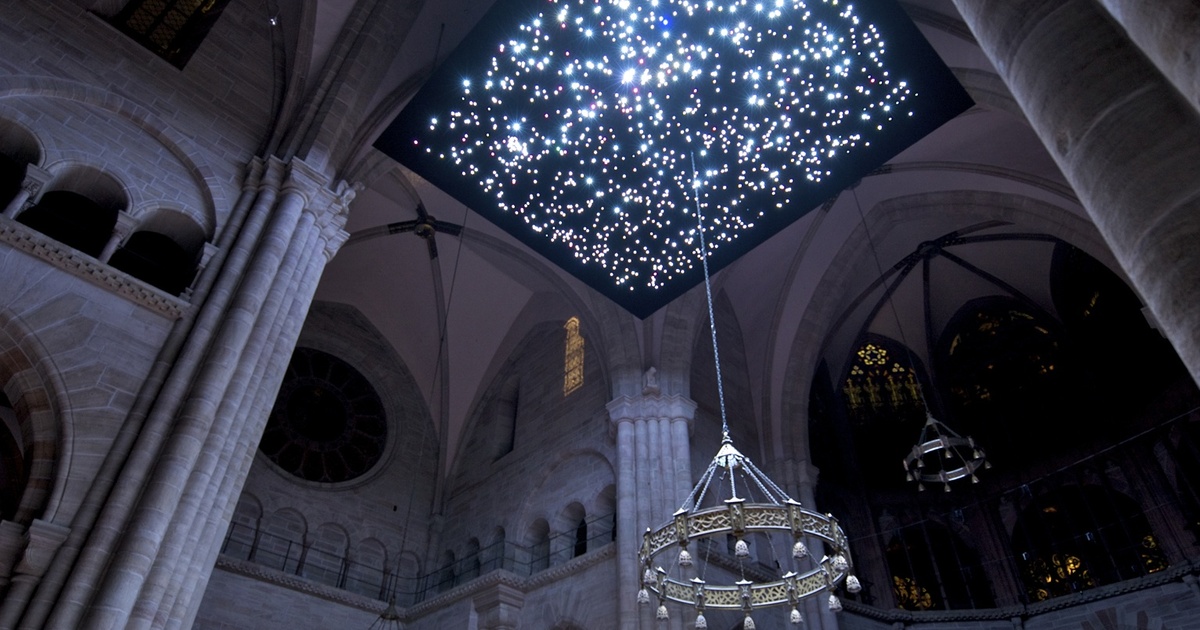 Angela Bulloch uses computer programming to simulate the stars in the sky from other views in our galaxy. The exhibit created an interesting juxtaposition to the stained glass in the Munster Cathedral.
